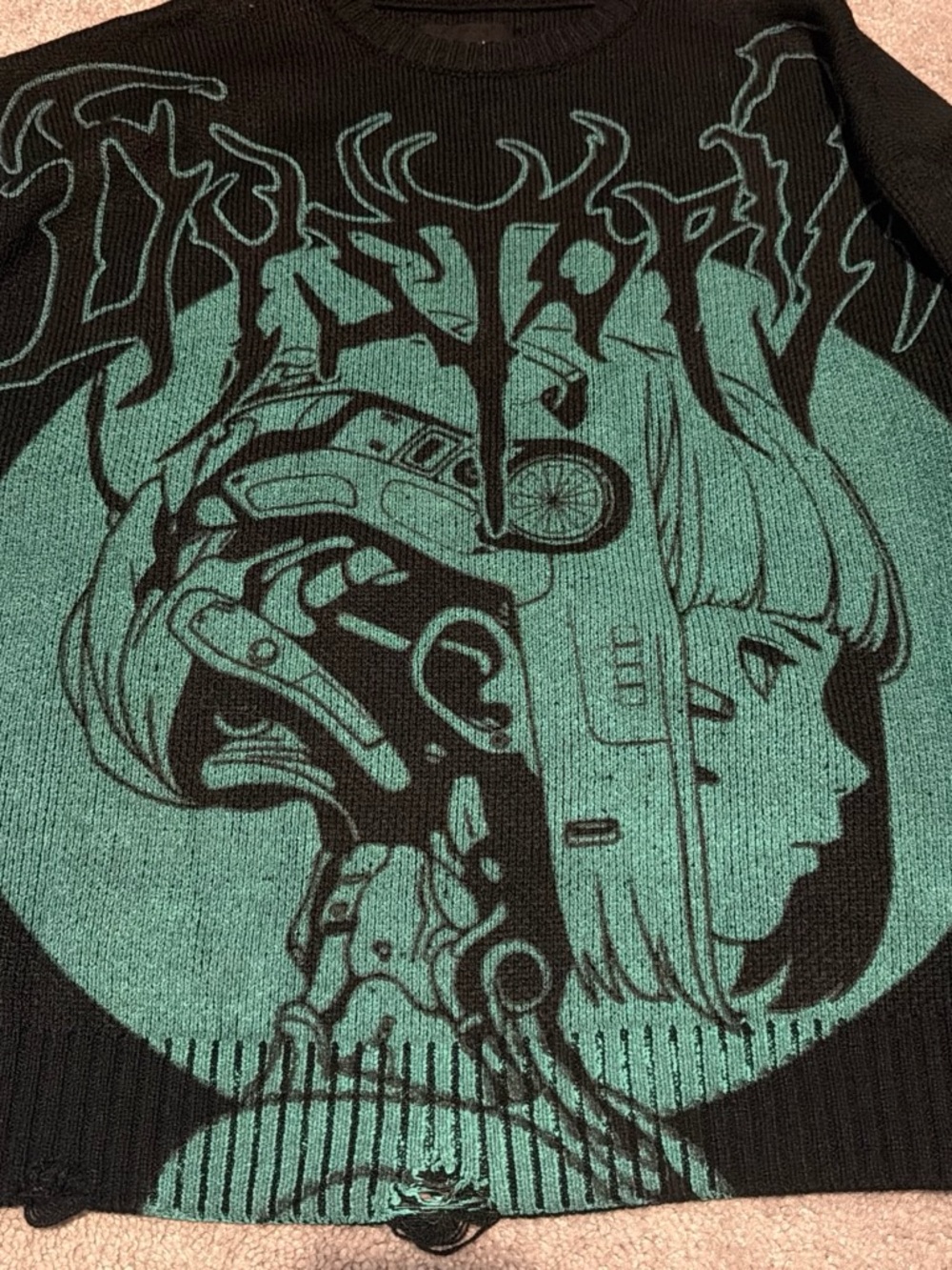 PacSun Black and Teal Graphic Crewneck Sweater